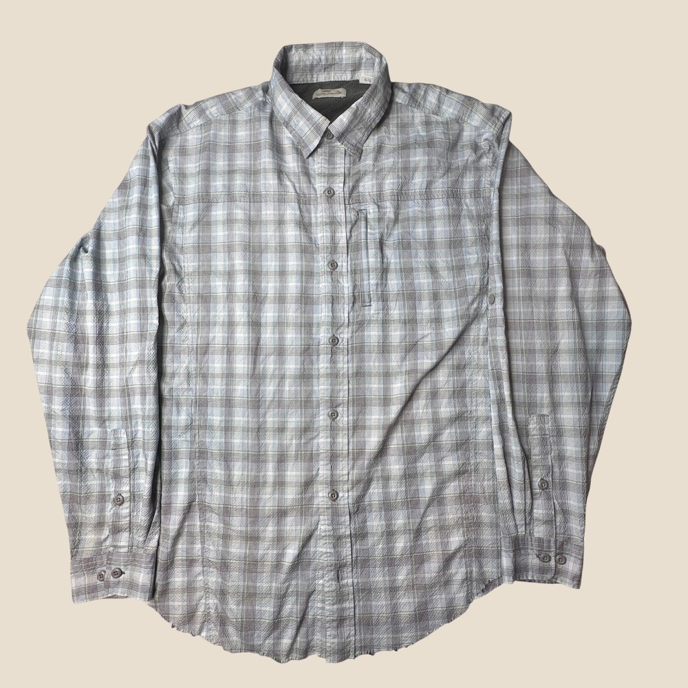Bob Timberlake Shirt Mens LT Blue Plaid Fishing Button Front Roll Tab Vented